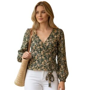 American Eagle Outfitters Floral Wrap Blouse, V-Neck, Tie Closure, Green, Sz SP